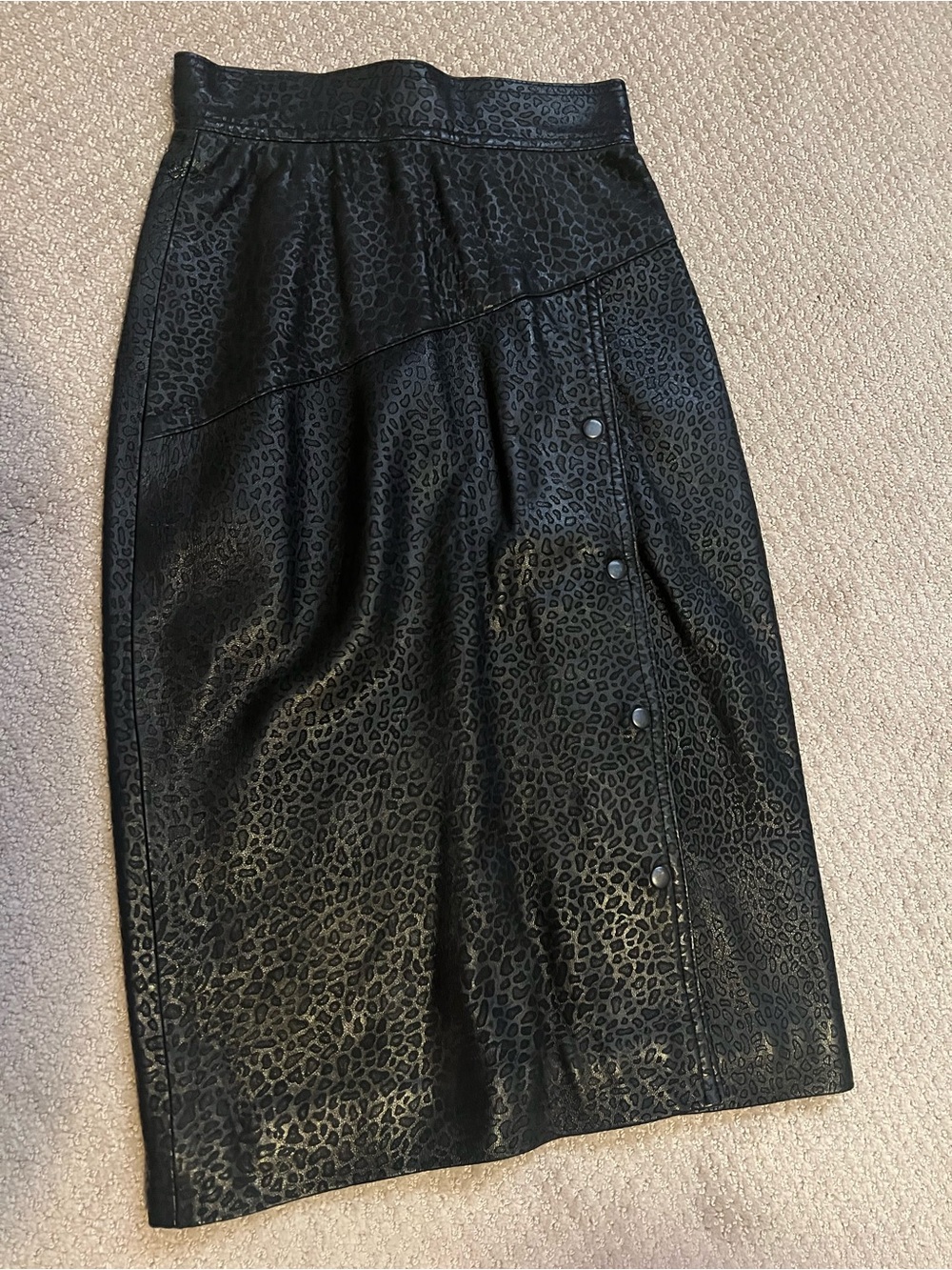 Vintage 80s Custom Made in Hong Kong Black Leather Leopard Midi Skirt